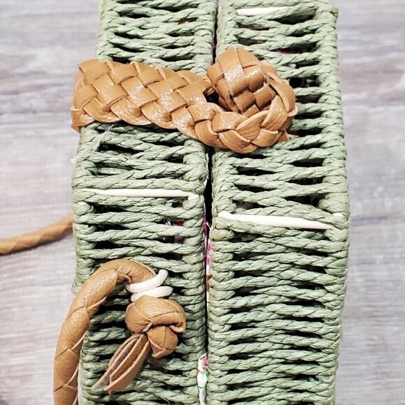 Mali + Lili Green Rattan Wicker Crossbody Bag Floral Lining Hexagon Shape - Picture 16 of 16